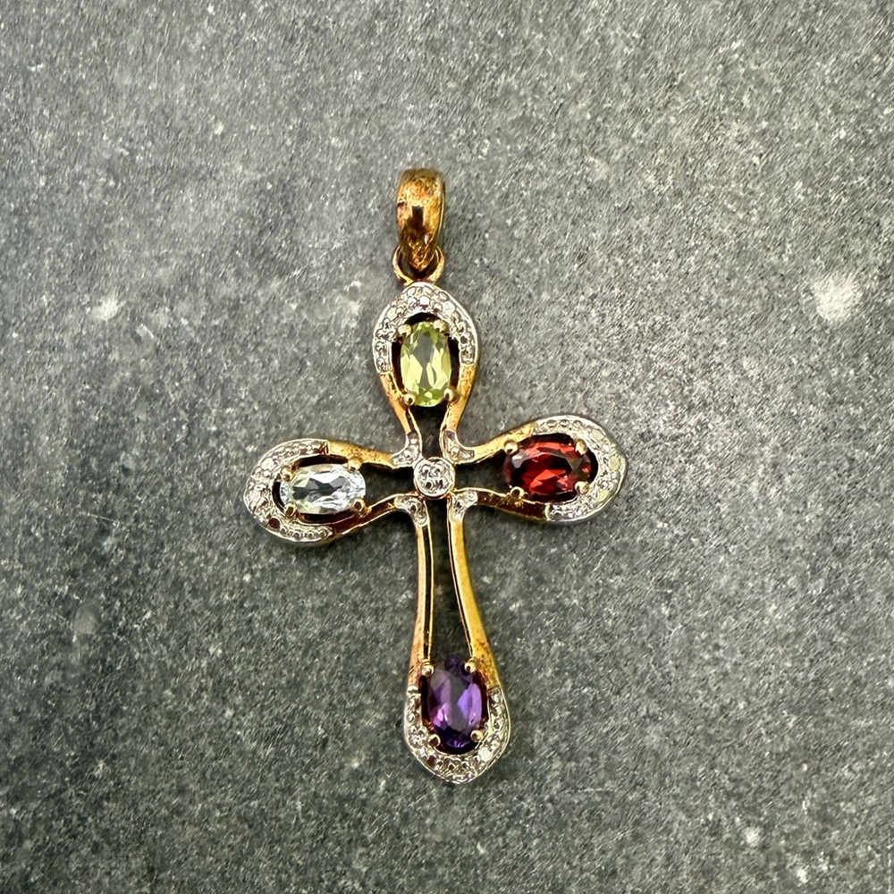 Vintage Vermeil 18KT Gold Sterling Cross Pendant Genuine Gemstones